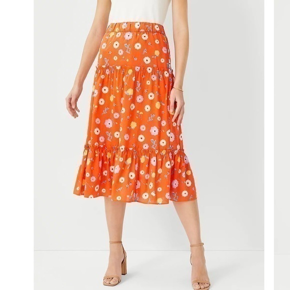 Ann Taylor Dresses & Skirts - Ann Taylor Floral Gathered flounce Tiered Midi Skirt in Orange Spark Size S